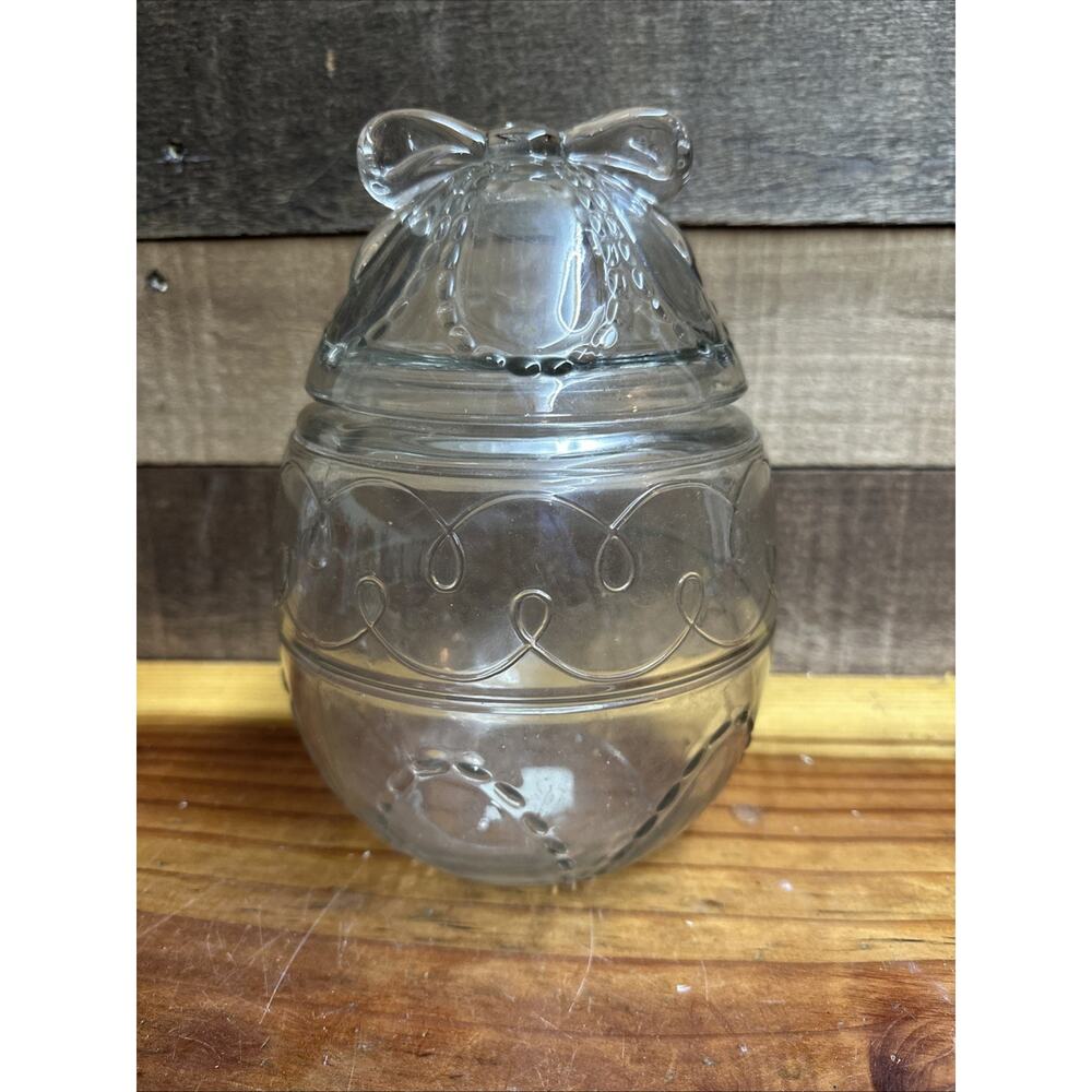 Vintage Anchor Hocking Glass Large Easter Egg Canister Jar Bow on Top 10”